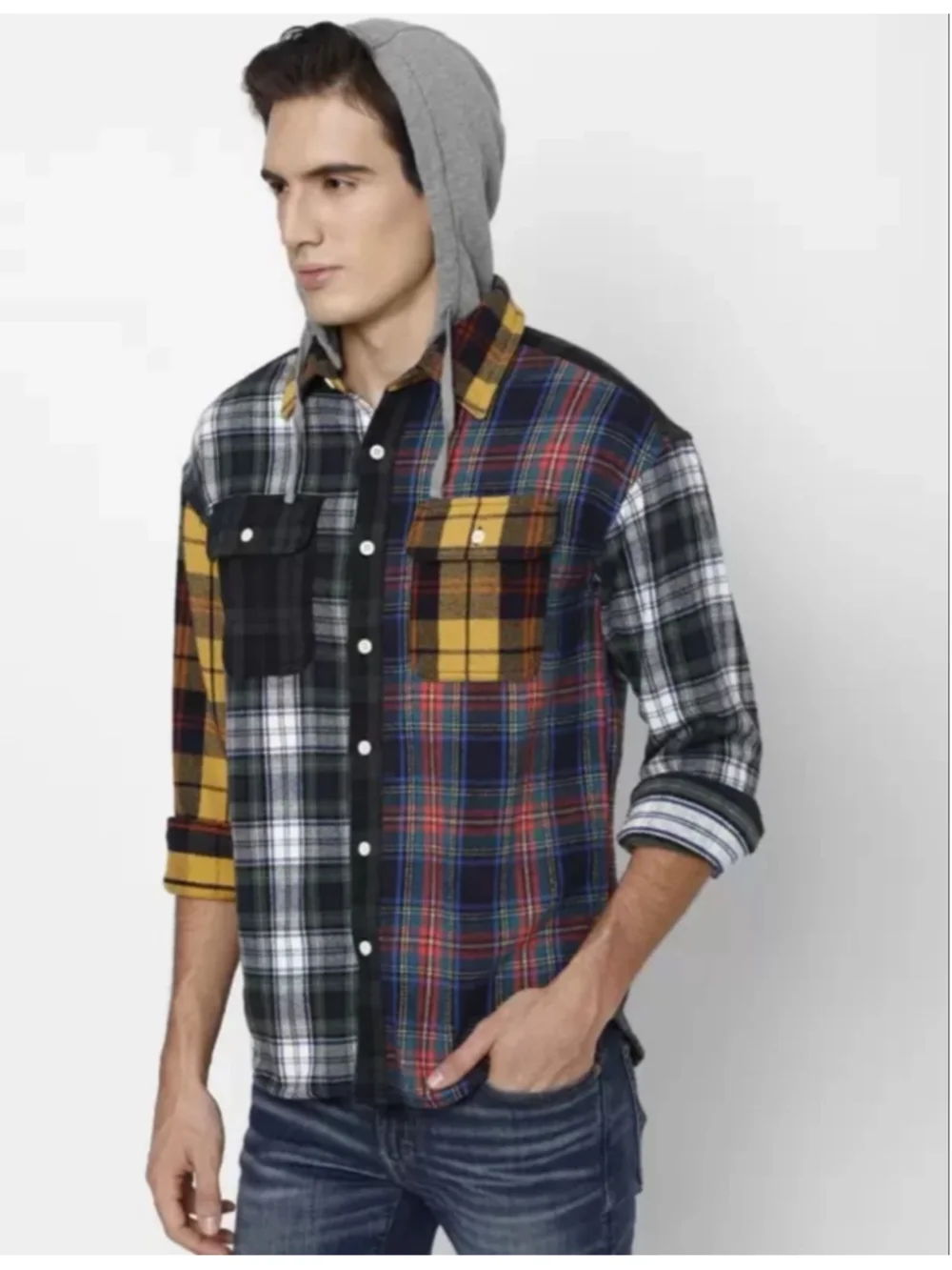 Mens American Eagle AEO Multi-color plaid Casual Shirt removable hood S Small